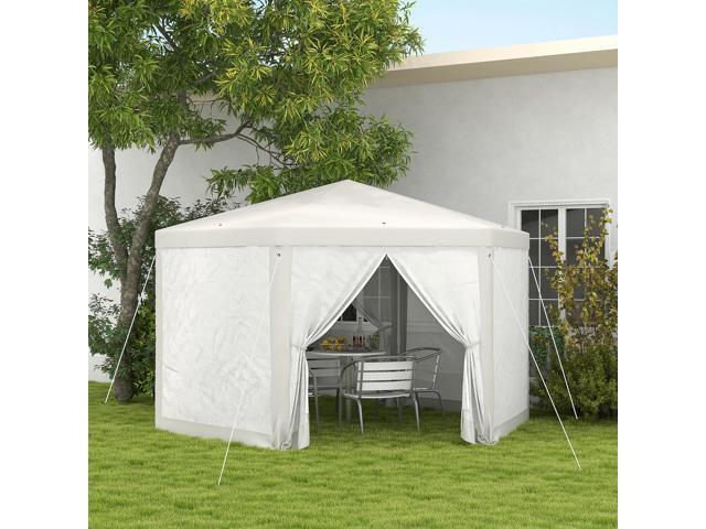 13' x 11' Outdoor Party Tent, Hexagon Sun Shade Shelter Canopy with Protective Mesh Screen Sidewalls, Ropes & Stakes, Cream White