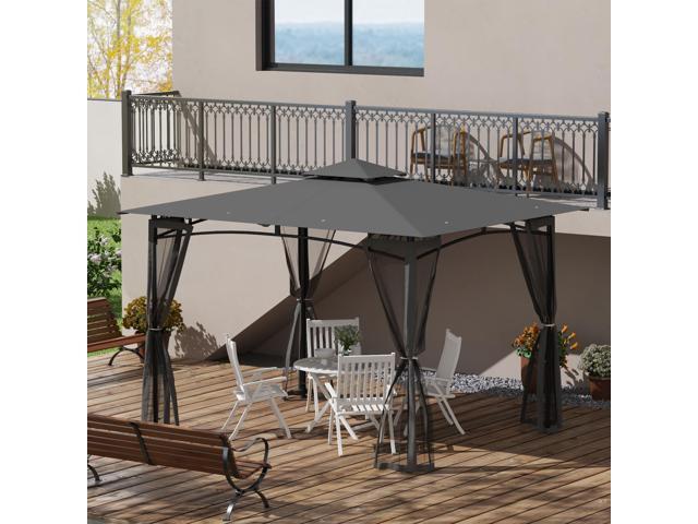 10' x 12' Patio Gazebo with Netting, Double Roof Outdoor Gazebo Canopy Shelter, Solid Metal Frame for Garden, Lawn, Backyard, Deck, Dark Gray