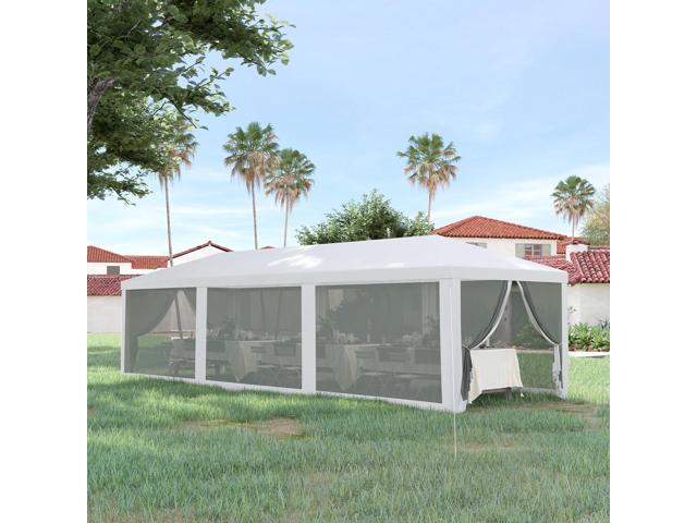 10' x 28' Party Tent Canopy, Outdoor Event Shelter Gazebo with 8 Removable Mesh Sidewalls, Zipper Doors, Steel Frame, White