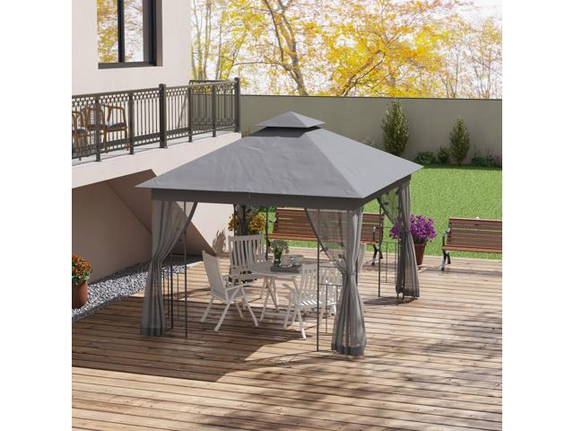 10' x 11.5' Metal Patio Gazebo, Double Roof Outdoor Gazebo Canopy Shelter with Tree Motifs Corner Frame and Netting, for Garden, Lawn, Backyard,...