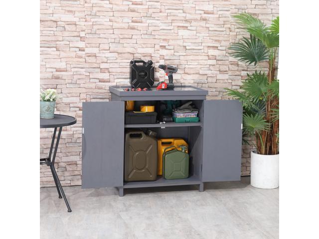 Garden Storage Cabinet, Outdoor Tool Shed with Galvanized Top and Two Shelves for Yard Tools or Pool Accessories, Grey