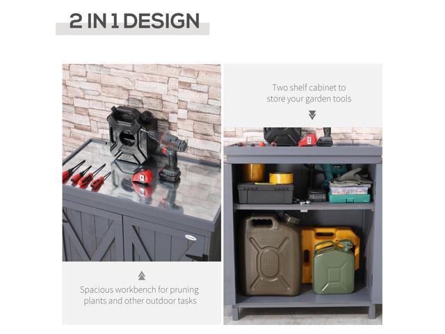 Garden Storage Cabinet, Outdoor Tool Shed with Galvanized Top and Two Shelves for Yard Tools or Pool Accessories, Grey
