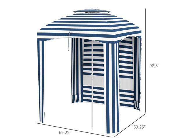 5.8' x 5.8' Portable Beach Umbrella with Double-Top, Ruffled Outdoor Cabana with Walls, Vents, Sandbags, Carry Bag, Blue & White Stripe