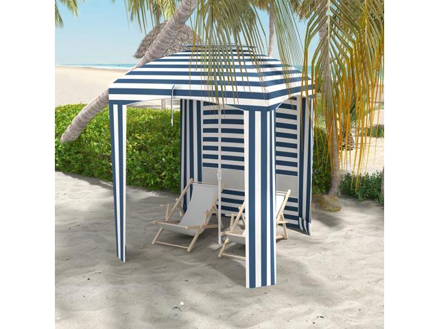 5.8' x 5.8' Portable Beach Umbrella with Double-Top, Ruffled Outdoor Cabana with Walls, Vents, Sandbags, Carry Bag, Blue & White Stripe
