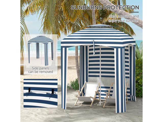 5.8' x 5.8' Portable Beach Umbrella with Double-Top, Ruffled Outdoor Cabana with Walls, Vents, Sandbags, Carry Bag, Blue & White Stripe