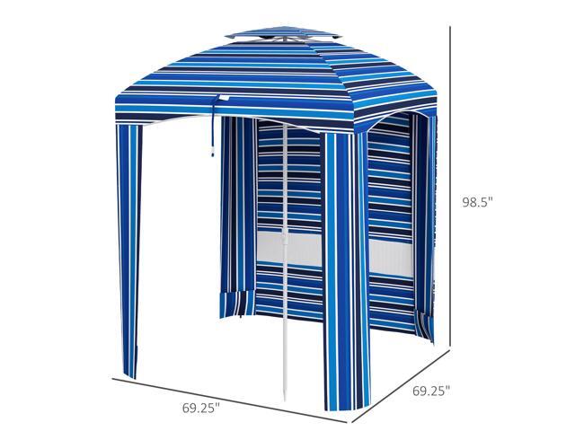 5.8' x 5.8' Portable Beach Umbrella with Double-Top, Ruffled Outdoor Cabana with Walls, Vents, Sandbags, Carry Bag, Blue Stripe