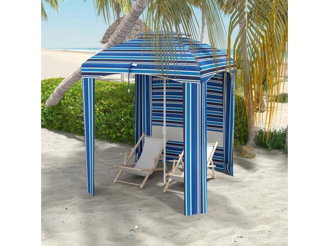 5.8' x 5.8' Portable Beach Umbrella with Double-Top, Ruffled Outdoor Cabana with Walls, Vents, Sandbags, Carry Bag, Blue Stripe