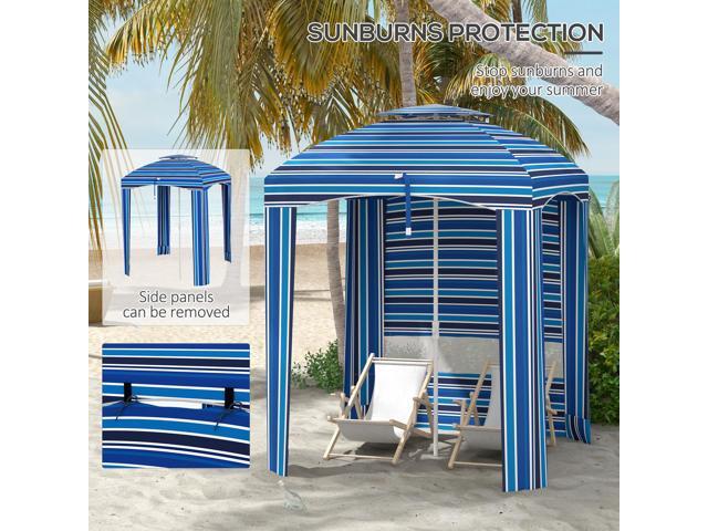 5.8' x 5.8' Portable Beach Umbrella with Double-Top, Ruffled Outdoor Cabana with Walls, Vents, Sandbags, Carry Bag, Blue Stripe