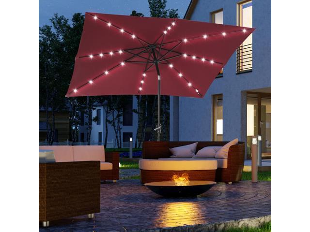 9' x 7' Solar Umbrella, LED Lighted Patio Umbrella for Table or Base with Tilt & Crank, Outdoor Umbrella for Garden, Deck, Backyard, Pool, Beach,...