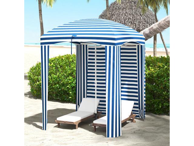 5.9' x 5.9' Portable Beach Umbrella, Ruffled Outdoor Cabana with Walls, Vents, Sandbags, Carry Bag, Blue & White Stripe