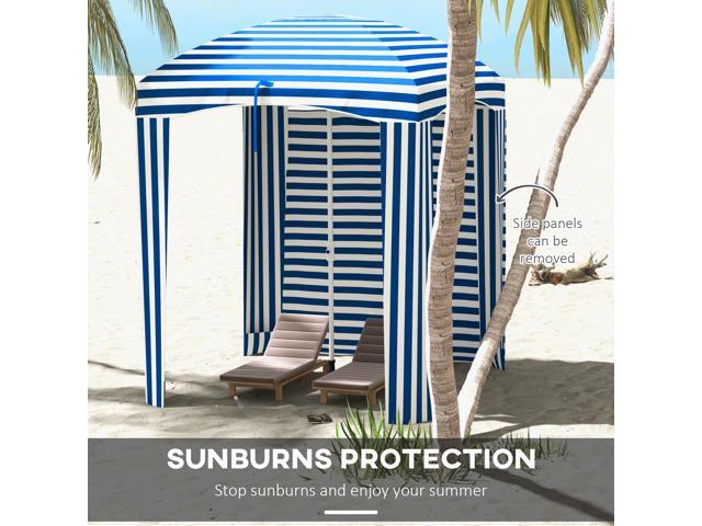5.9' x 5.9' Portable Beach Umbrella, Ruffled Outdoor Cabana with Walls, Vents, Sandbags, Carry Bag, Blue & White Stripe