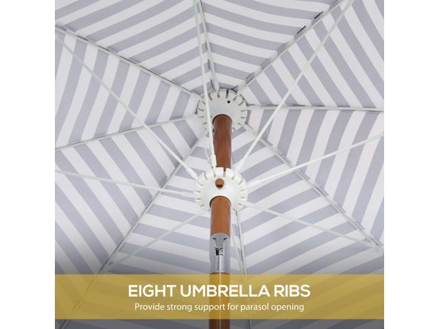 7 x 7 ft Outdoor Patio Umbrella with Tilt, Vent, Market Table Umbrella Parasol with Fringed Ruffles and Flounce, Blue Strip