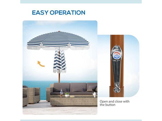 7 x 7 ft Outdoor Patio Umbrella with Tilt, Vent, Market Table Umbrella Parasol with Fringed Ruffles and Flounce, Blue Strip