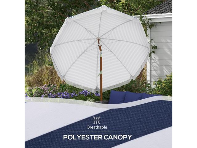 7 x 7 ft Outdoor Patio Umbrella with Tilt, Vent, Market Table Umbrella Parasol with Fringed Ruffles and Flounce, Blue Strip
