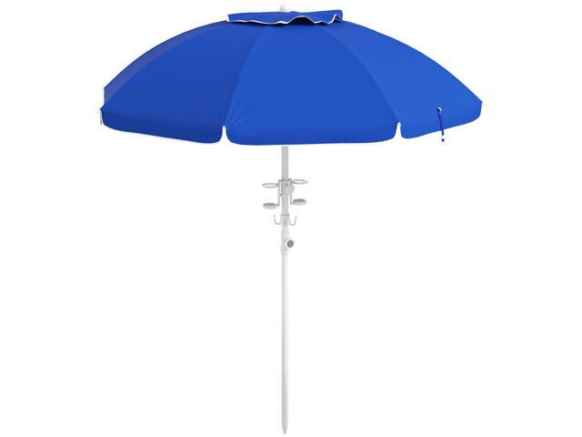 5.7' Portable Beach Umbrella with Tilt, Adjustable Height, 2 Cup Holders & Hooks, UV 40+ Ruffled Outdoor Umbrella with Vented Canopy, Blue