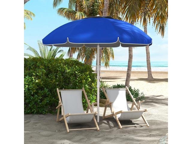 5.7' Portable Beach Umbrella with Tilt, Adjustable Height, 2 Cup Holders & Hooks, UV 40+ Ruffled Outdoor Umbrella with Vented Canopy, Blue