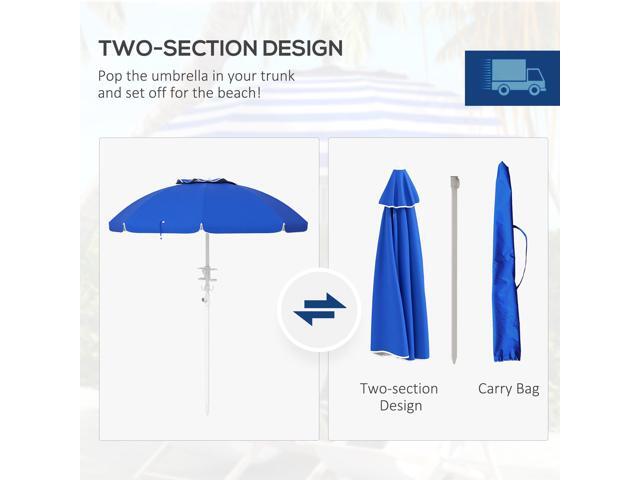5.7' Portable Beach Umbrella with Tilt, Adjustable Height, 2 Cup Holders & Hooks, UV 40+ Ruffled Outdoor Umbrella with Vented Canopy, Blue