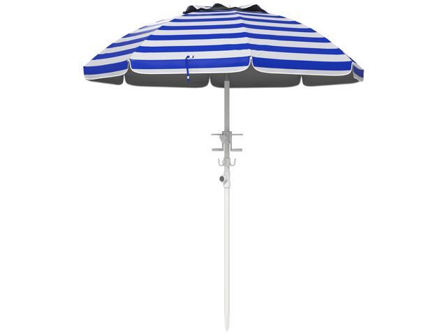 5.7' Portable Beach Umbrella with Tilt, Adjustable Height, 2 Cup Holders & Hooks, UV 40+ Ruffled Outdoor Umbrella with Vented Canopy, Blue White...