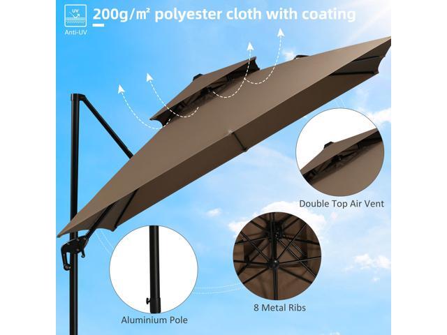 10ft Offset Patio Umbrella with Base, Double Top Hanging Aluminum Cantilever Umbrella with 360-degree Rotation, Easy Tilt, 8 Ribs, Crank, Cross...