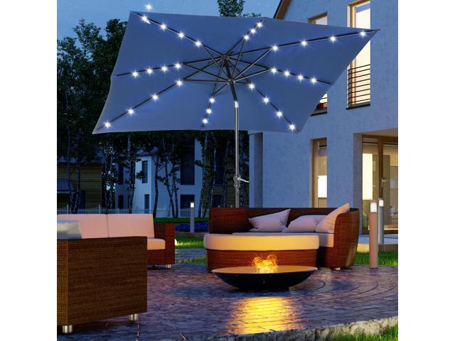 9' x 7' Solar Umbrella, LED Lighted Patio Umbrella for Table or Base with Tilt & Crank, Outdoor Umbrella for Garden, Deck, Backyard, Pool, Beach, Blue