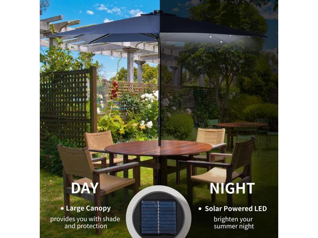 9' x 7' Solar Umbrella, LED Lighted Patio Umbrella for Table or Base with Tilt & Crank, Outdoor Umbrella for Garden, Deck, Backyard, Pool, Beach, Blue