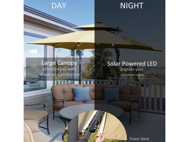 10FT Cantilever Patio Umbrella with Solar LED Lights & Power Bank, Double Top Outdoor Offset Umbrella with 360° Rotation, Tilt, Crank & Cross Base...