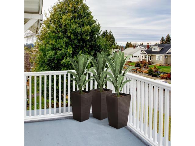 Set of 3 Tall Planters with Drainage Hole, Outdoor Flower Pots, Indoor Planters for Porch, Front Door, Entryway, Patio and Deck, Brown