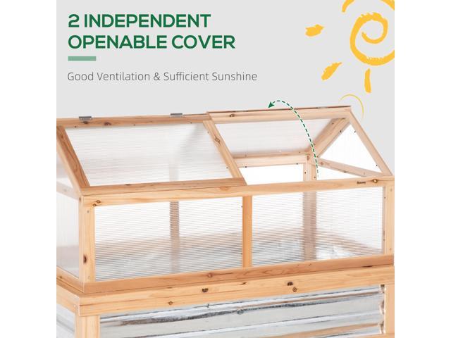 Raised Garden Bed with Polycarbonate Greenhouse, Wooden Garden Cold Frame Greenhouse, Flower Planter Protection, 48' x 24' x 32', Natural