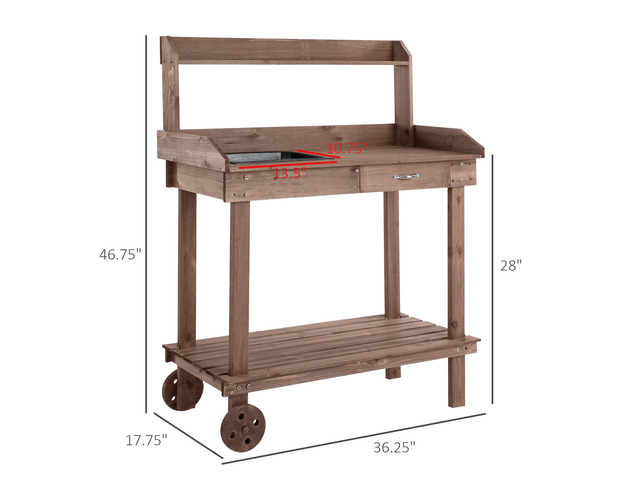 36'' Wooden Potting Bench Work Table with 2 Removable Wheels, Sink, Drawer & Large Storage Spaces, Brown