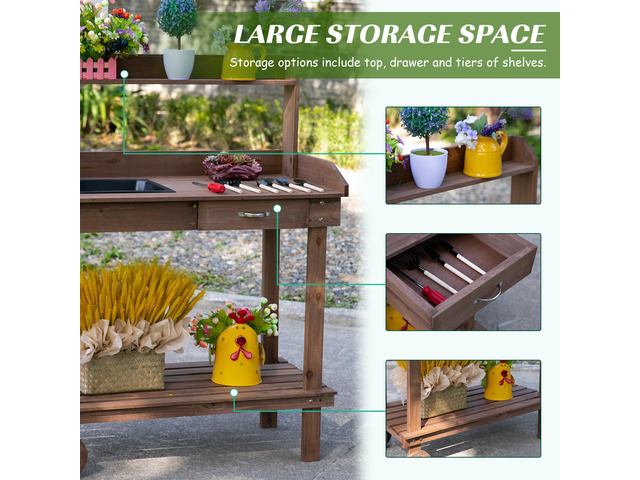 36'' Wooden Potting Bench Work Table with 2 Removable Wheels, Sink, Drawer & Large Storage Spaces, Brown