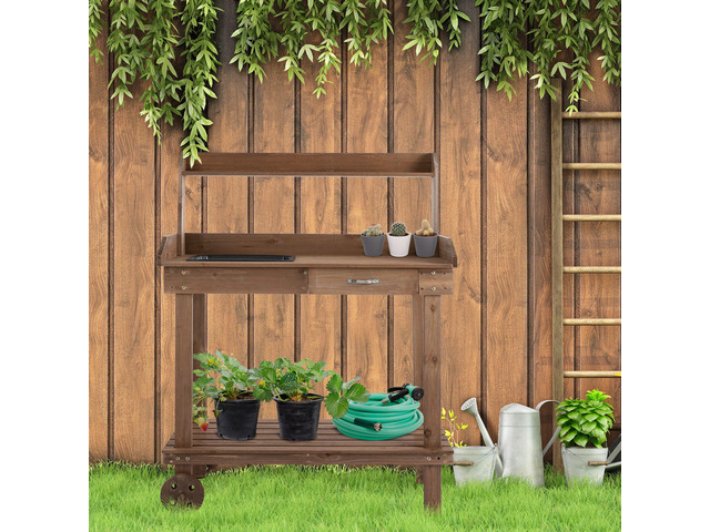 36'' Wooden Potting Bench Work Table with 2 Removable Wheels, Sink, Drawer & Large Storage Spaces, Brown