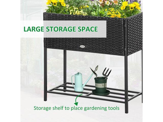 Raised Garden Bed, Elevated Planter Box with Rattan Wicker Look, Tool Storage Shelf, Portable Design for Herbs, Vegetables, Flowers, Black