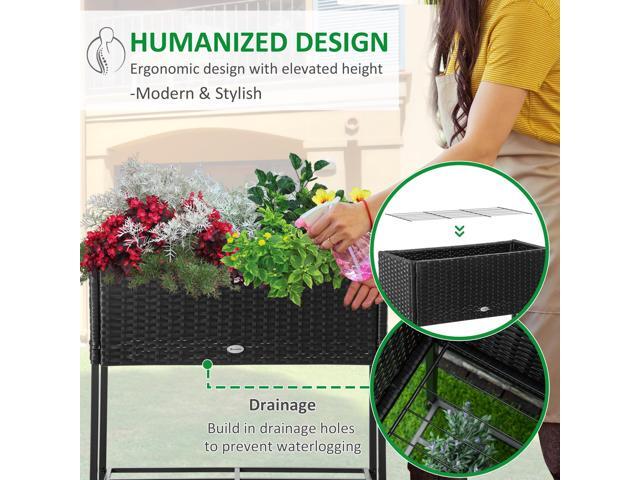 Raised Garden Bed, Elevated Planter Box with Rattan Wicker Look, Tool Storage Shelf, Portable Design for Herbs, Vegetables, Flowers, Black