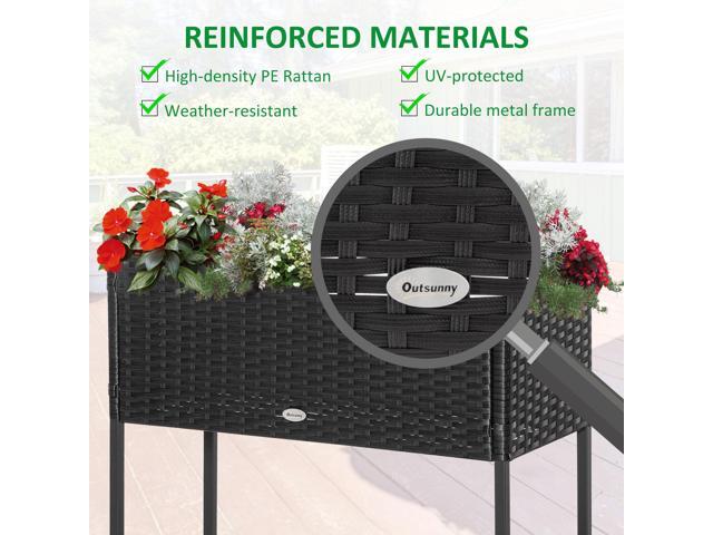 Raised Garden Bed, Elevated Planter Box with Rattan Wicker Look, Tool Storage Shelf, Portable Design for Herbs, Vegetables, Flowers, Black