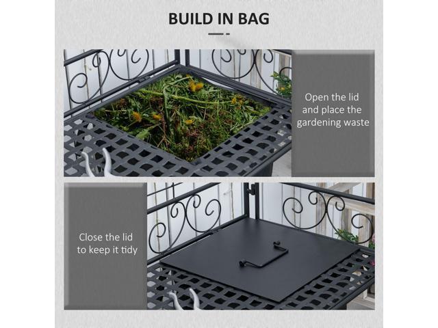 Folding Potting Bench Table, Metal Garden Workstation, Work Bench with Large Build-In Bag with Cover, 5 Hanging Hooks & Storage Shelf, Flourishes