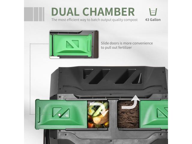 Tumbling Compost Bin Outdoor 360° Dual Chamber Rotating Composter 43 Gallon, Green