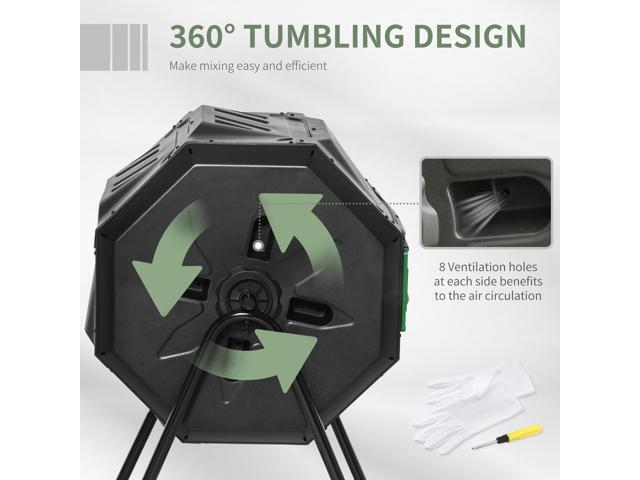Tumbling Compost Bin Outdoor 360° Dual Chamber Rotating Composter 43 Gallon, Green