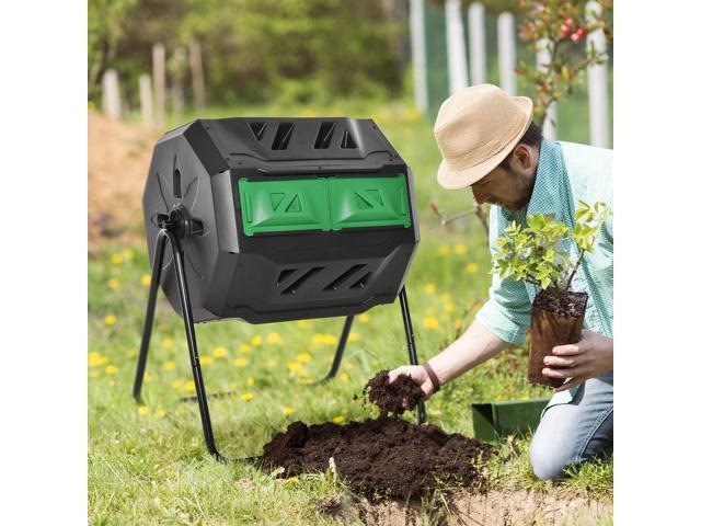 Tumbling Compost Bin Outdoor 360° Dual Chamber Rotating Composter 43 Gallon, Green