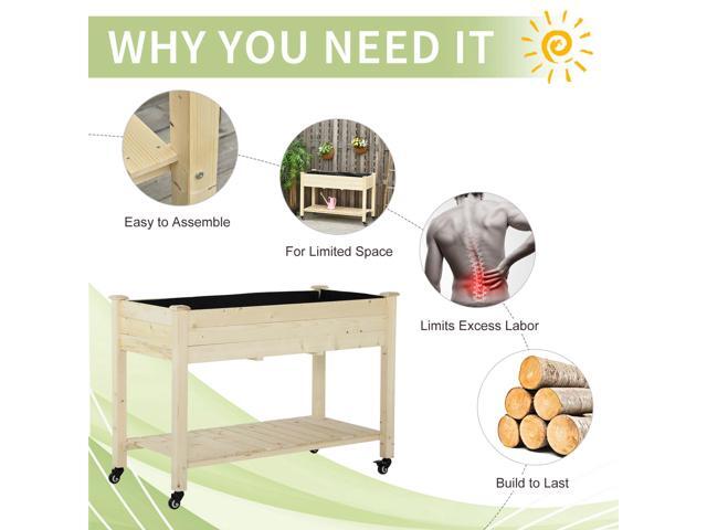 Raised Garden Bed, 47' x 22' x 33', Elevated Wooden Planter Box w/ Lockable Wheels, Storage Shelf, and Bed Liner for Backyard, Patio, Natural