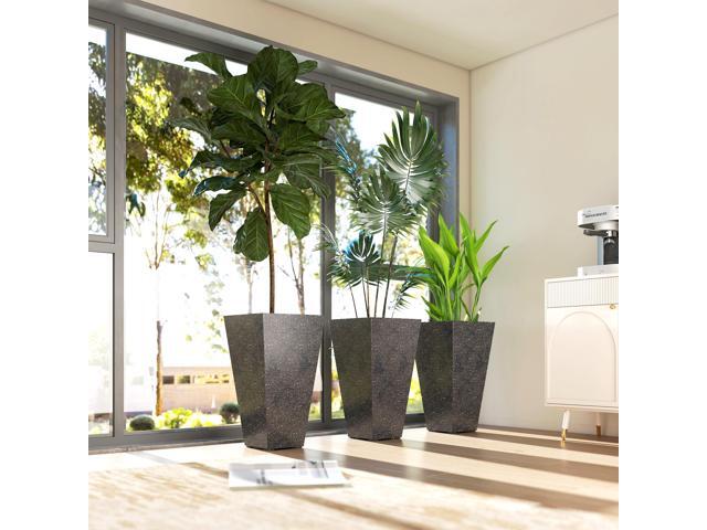 28' Tall Planters, Set of 3 Plastic Flower Pots with Marble Finish and Drainage Holes, Stackable Tapered Outdoor Planters, Black