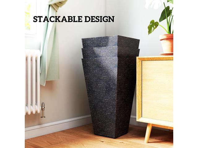 28' Tall Planters, Set of 3 Plastic Flower Pots with Marble Finish and Drainage Holes, Stackable Tapered Outdoor Planters, Black