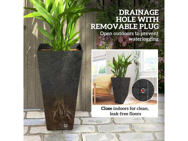 28' Tall Planters, Set of 3 Plastic Flower Pots with Marble Finish and Drainage Holes, Stackable Tapered Outdoor Planters, Black