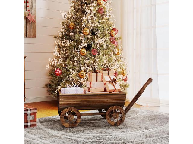 Wooden Wagon Planter Box, Mobile Garden Planter with 4 Wheels, Small Wheelbarrow Wagon Flower Cart with Drainage Hole