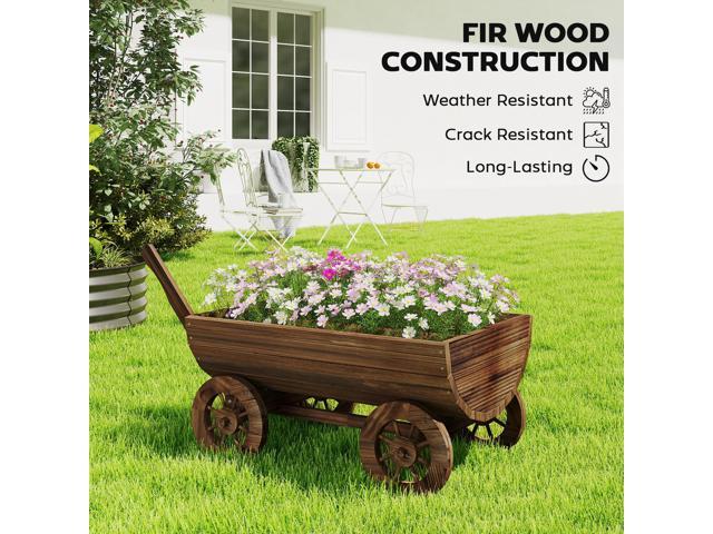 Wooden Wagon Planter Box, Mobile Garden Planter with 4 Wheels, Small Wheelbarrow Wagon Flower Cart with Drainage Hole