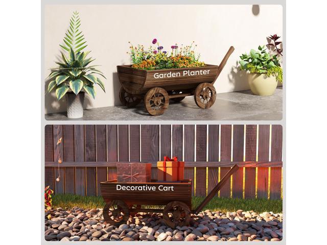 Wooden Wagon Planter Box, Mobile Garden Planter with 4 Wheels, Small Wheelbarrow Wagon Flower Cart with Drainage Hole