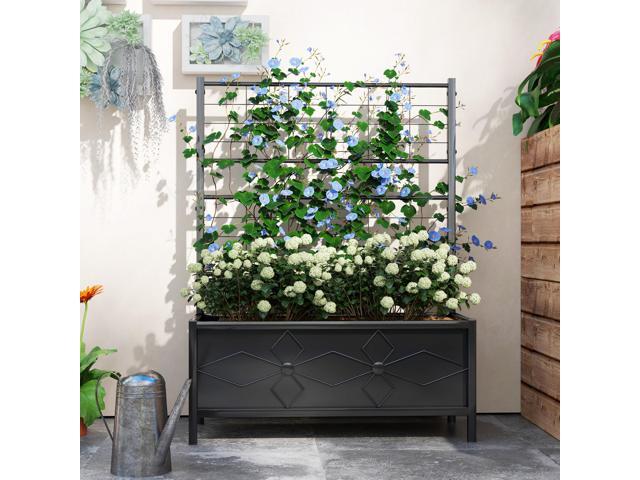 Galvanized Raised Garden Bed with Trellis for Climbing Vines Vegetables Flowers, Outdoor Planter Box, 35.4' x 15.7' x 47.2', Black
