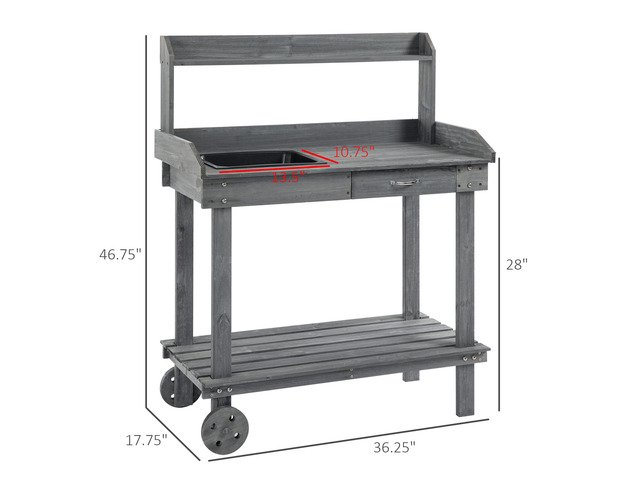36'' Wooden Potting Bench Work Table with 2 Removable Wheels, Sink, Drawer & Large Storage Spaces, Gray