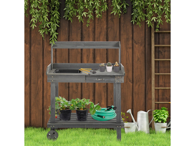 36'' Wooden Potting Bench Work Table with 2 Removable Wheels, Sink, Drawer & Large Storage Spaces, Gray