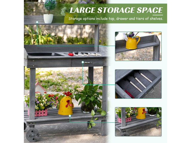 36'' Wooden Potting Bench Work Table with 2 Removable Wheels, Sink, Drawer & Large Storage Spaces, Gray