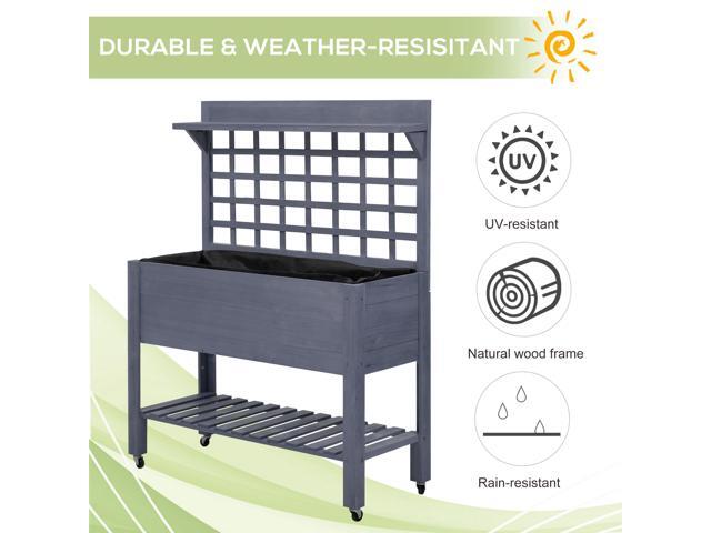 41' Raised Garden Bed with Trellis on Wheels, Wooden Elevated Planter Box with Legs and Bed Liner, for Flowers, Herbs & Vegetables, Gray